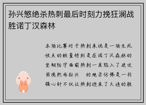 孙兴慜绝杀热刺最后时刻力挽狂澜战胜诺丁汉森林